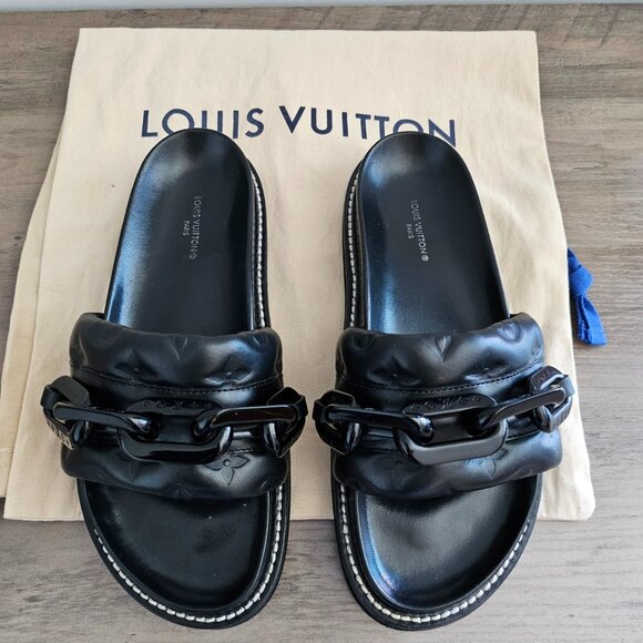 Louis Vuitton Calfskin Embossed Monogram Sunset Flat Comfort Mule 37 Black - Picture 1 of 5